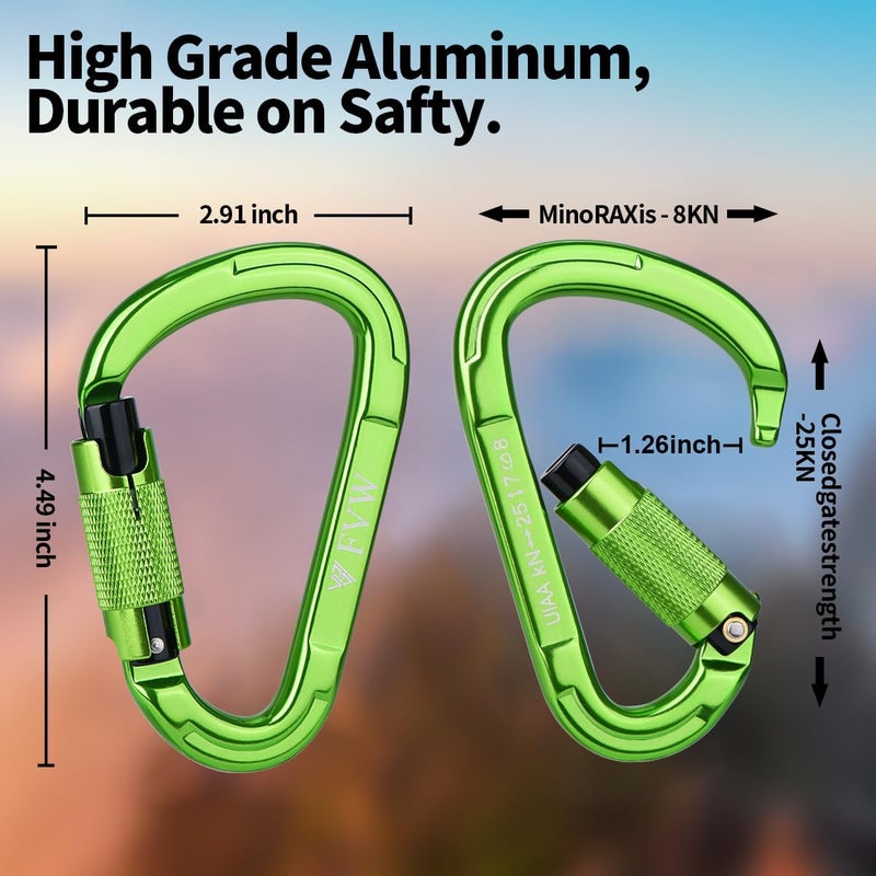 FVW Auto Locking Rock Climbing Carabiner Clips,Professional 25KN (5620 lbs) Heavy Duty Caribeaners for Rappelling Swing Rescue & Gym etc, Large D-Shaped Carabiners - Image 2